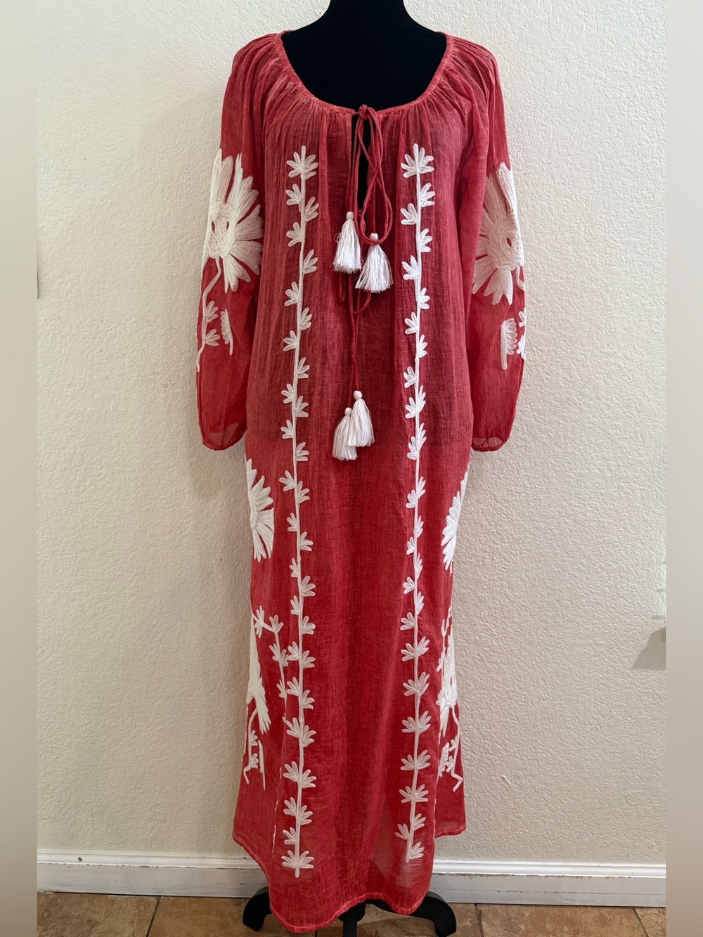 Dolma Boho Embroidered  Maxi Dress in Coral